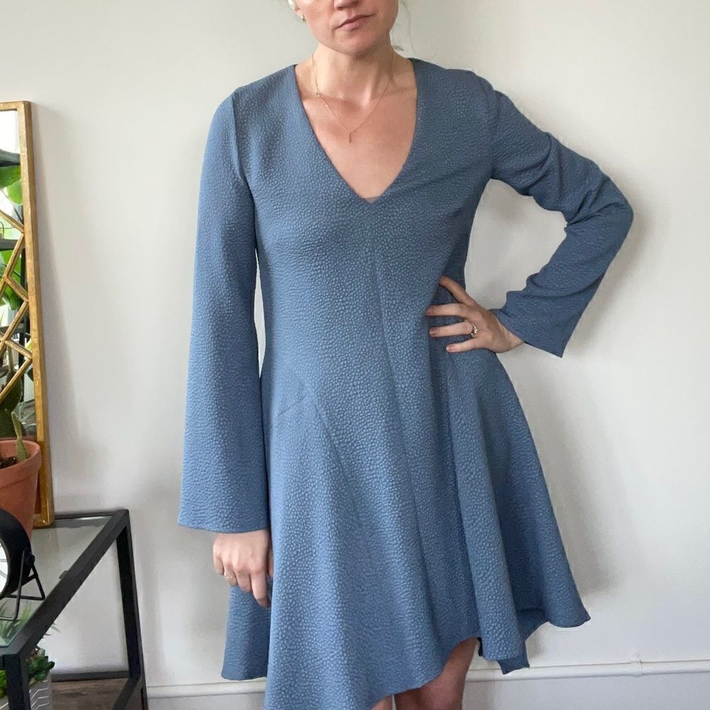 BCBG Robyn Oversized Long Sleeve Draped Grey Blue Dress